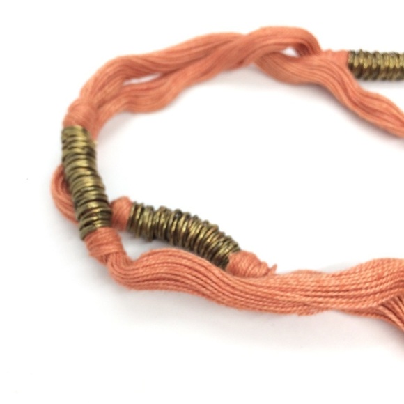ARTISAN FABRIC FIBER YARN BRASS RINGS NECKLACE ARTSY LONG FLAPPER STYLE - Picture 9 of 10